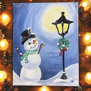 Hand painted Acrylic Paint on Wood Framed Canvas Snowman Christmas , 8x10inches,